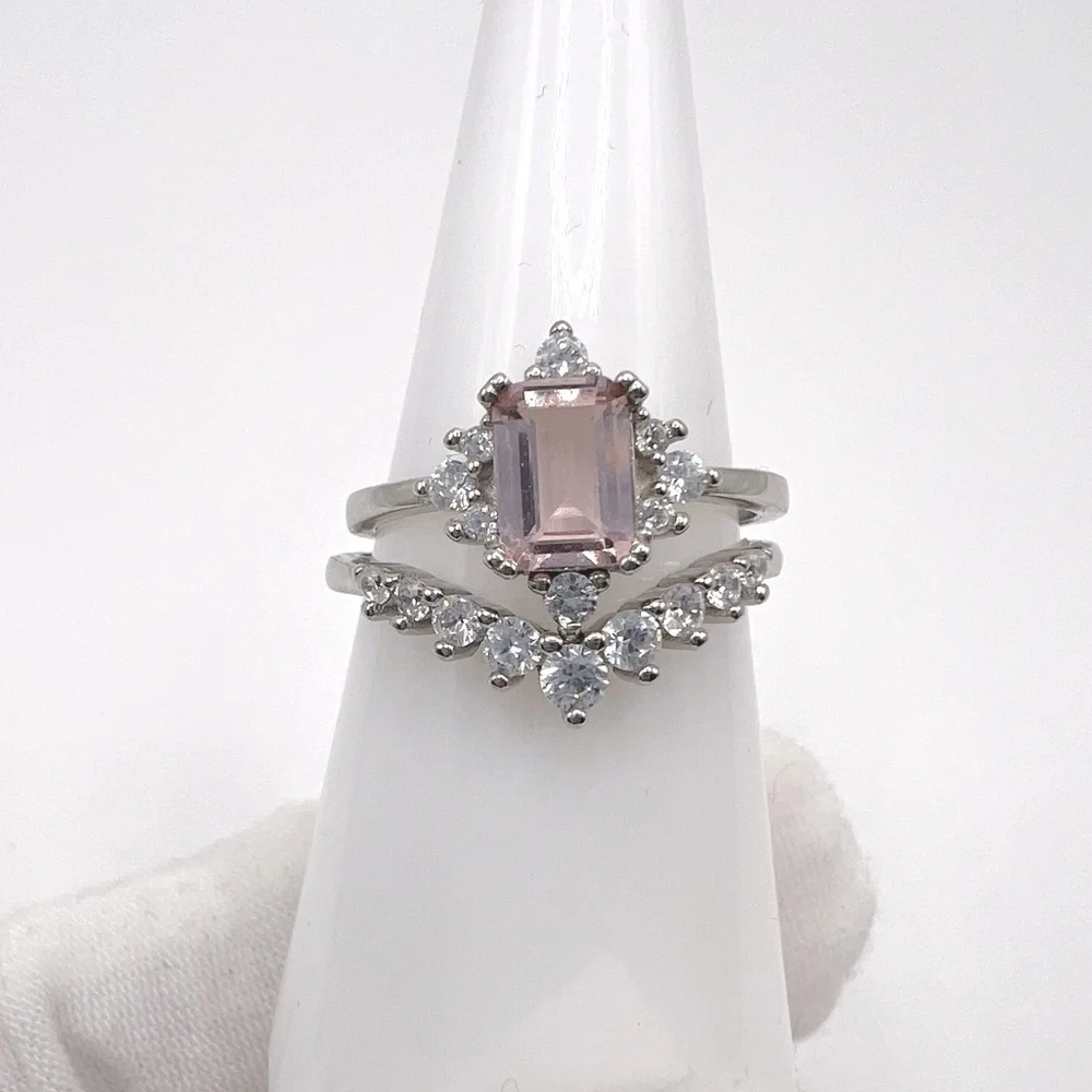 .925 Sterling Silver Light Morganite Cz & Clear Cz 2 PC Ring Set - Picture 6 of 17